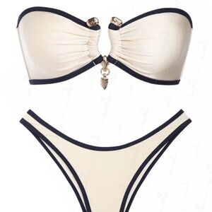 SEAMOLLY Vintage Contrast Color, Metal Ring, Lace-up, Bandeau Bikini Set, Medium